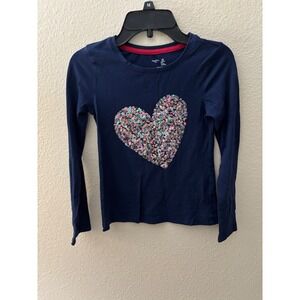 Gap Kids Navy‎ Blue Long Sleeve Sequin Heart Top Girl's M (A669)